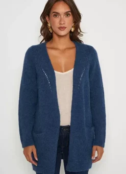 Sud Express Jumpers & Cardigans|Gilet Ouvert Mi-Long Avec Poches Indigo Grangey