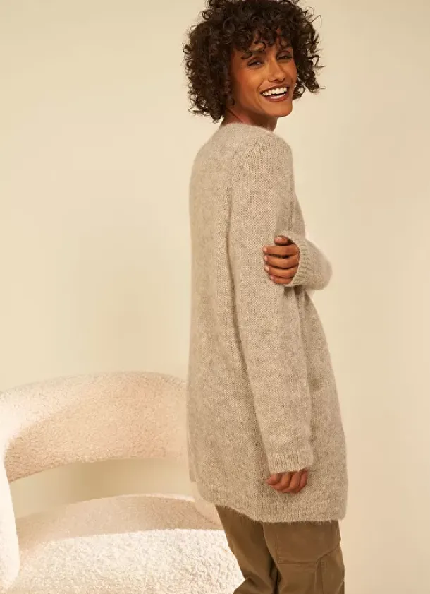 Sud Express Jumpers & Cardigans|Gilet Ouvert Mi-Long Avec Poches Ecru Chine Grangey