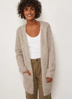 Sud Express Jumpers & Cardigans|Gilet Ouvert Mi-Long Avec Poches Ecru Chine Grangey