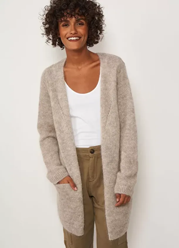 Sud Express Jumpers & Cardigans|Gilet Ouvert Mi-Long Avec Poches Ecru Chine Grangey