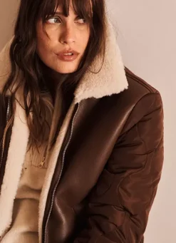 Sud Express Jackets & Coats|Manteau Court Bi Matiere Chocolat Maeleen