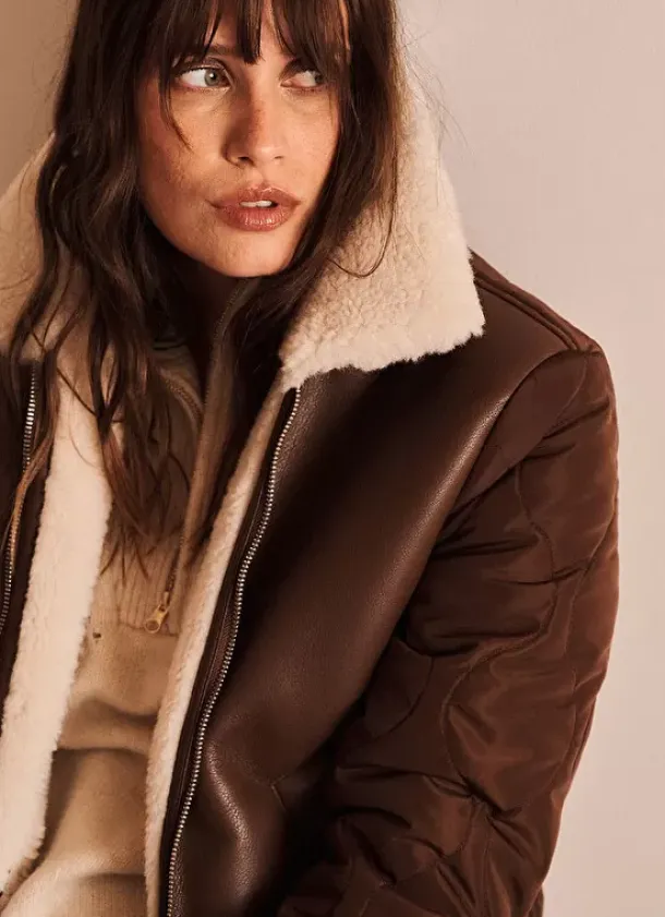 Sud Express Jackets & Coats|Manteau Court Bi Matiere Chocolat Maeleen