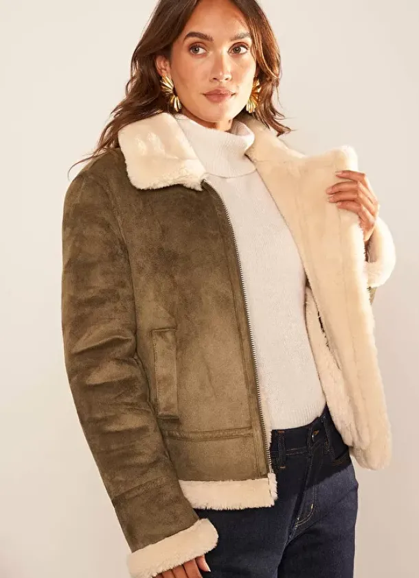 Sud Express Jackets & Coats|Manteau En Fausse Peau Lainee Kaki Malvino