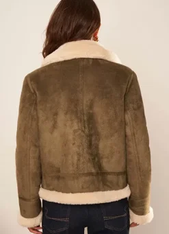 Sud Express Jackets & Coats|Manteau En Fausse Peau Lainee Kaki Malvino