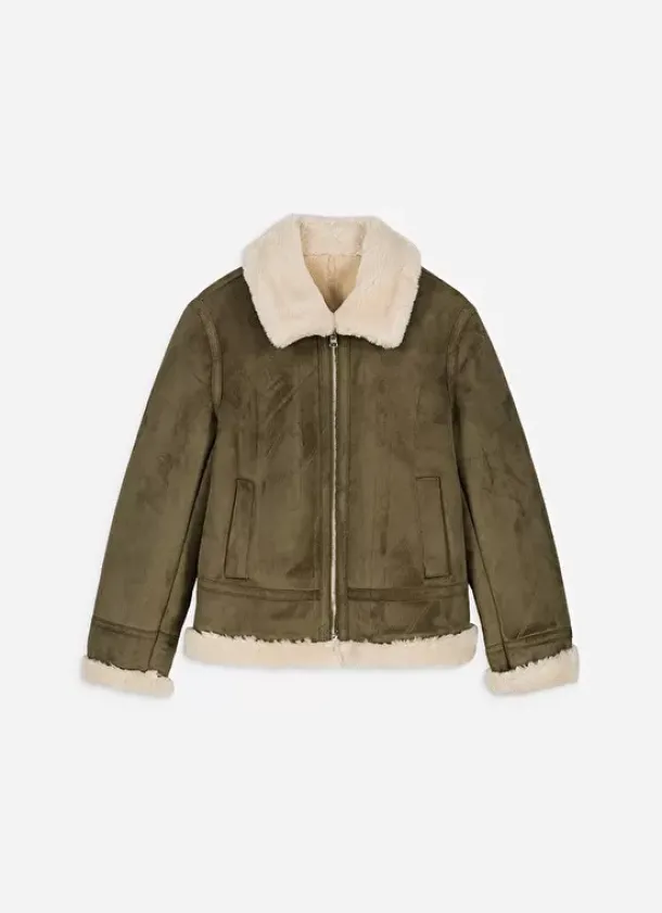 Sud Express Jackets & Coats|Manteau En Fausse Peau Lainee Kaki Malvino