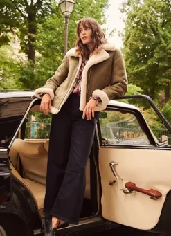 Sud Express Jackets & Coats|Manteau En Fausse Peau Lainee Kaki Malvino