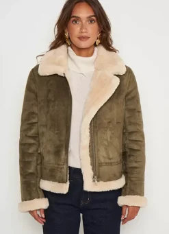 Sud Express Jackets & Coats|Manteau En Fausse Peau Lainee Kaki Malvino