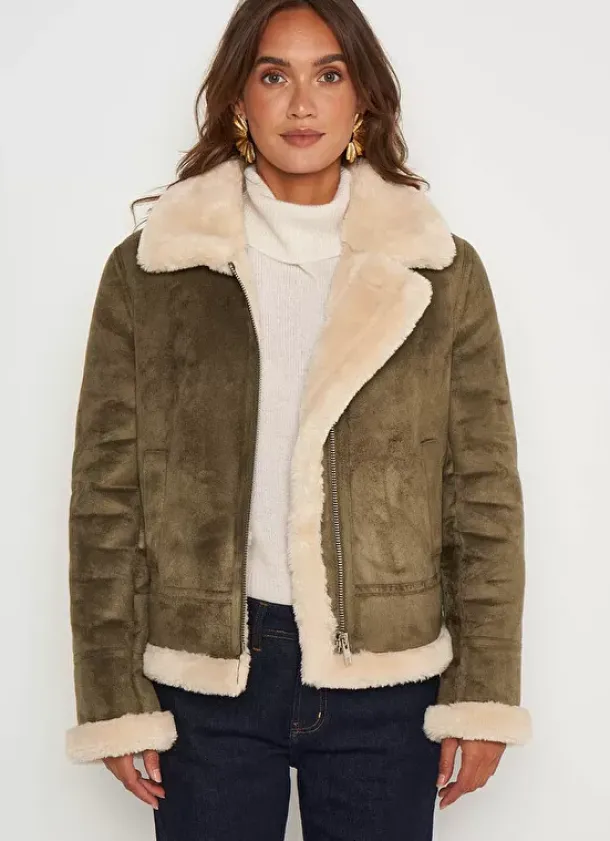 Sud Express Jackets & Coats|Manteau En Fausse Peau Lainee Kaki Malvino