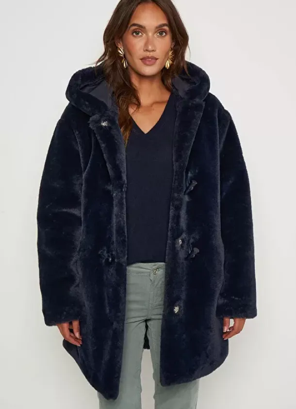 Sud Express Jackets & Coats|Manteau Mi Long En Fausse Fourrure Marine Mia