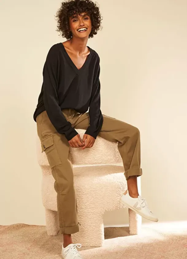 Sud Express Trousers & Jeans|Pantalon Cargo Taille Haute Kaki Pargo