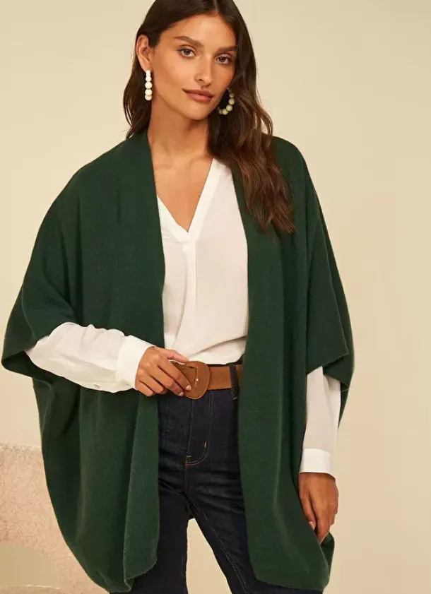 Sud Express Jumpers & Cardigans|Poncho Long Et Ouvert Pur Cachemire Basilic Gwenaelle