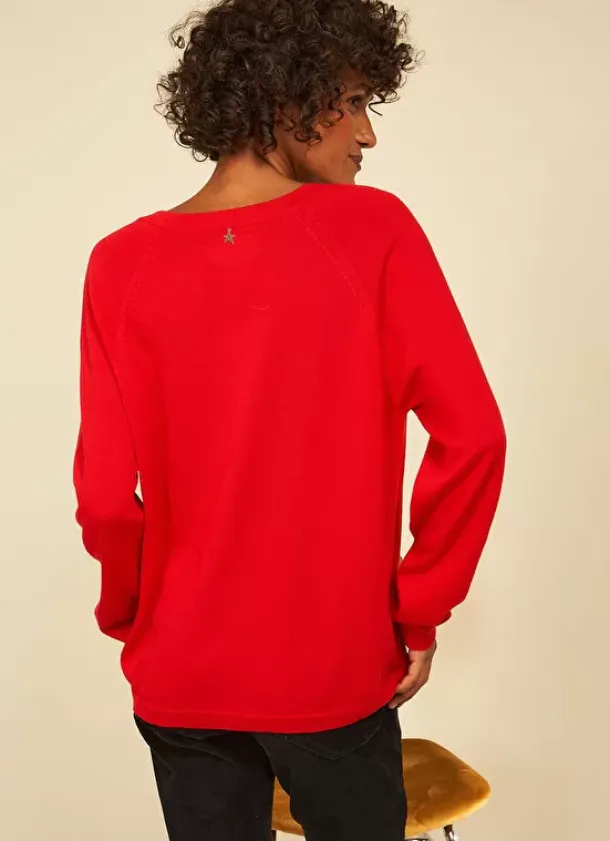 Sud Express Jumpers & Cardigans|Pull A Col V Au Tricotage Jersey Rouge Madeleina