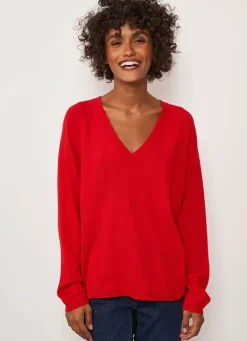 Sud Express Jumpers & Cardigans|Pull A Col V Au Tricotage Jersey Rouge Madeleina