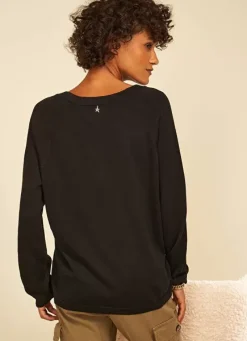 Sud Express Jumpers & Cardigans|Pull A Col V Au Tricotage Jersey Noir Madeleina