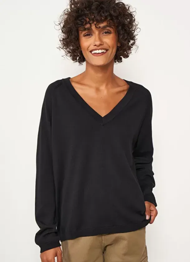 Sud Express Jumpers & Cardigans|Pull A Col V Au Tricotage Jersey Noir Madeleina