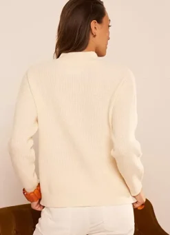 Sud Express Jumpers & Cardigans|Pull A Cotes Et Col Montant Ecru Macaron