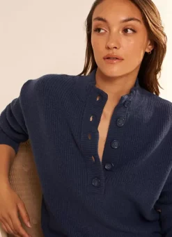 Sud Express Jumpers & Cardigans|Pull A Cotes Et Col Montant Indigo Macaron