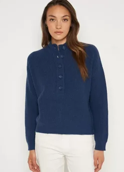Sud Express Jumpers & Cardigans|Pull A Cotes Et Col Montant Indigo Macaron