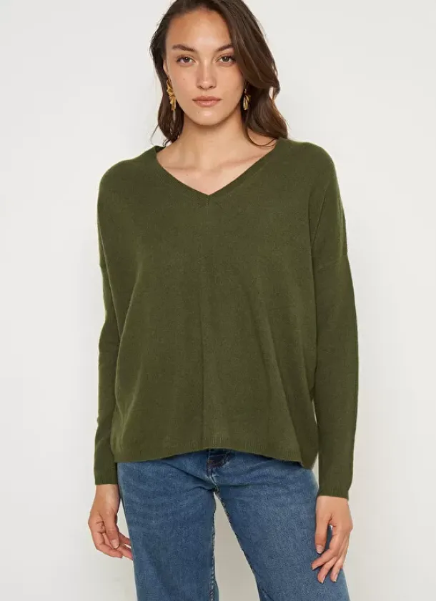 Sud Express Jumpers & Cardigans|Pull Au Volume Oversize Et A Manches Longues Pres Du Corps Kaki Monjoe