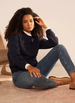 Sud Express Jumpers & Cardigans|Pull Col Rond A Broderies Florales Marine Marguerite