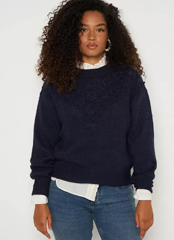 Sud Express Jumpers & Cardigans|Pull Col Rond A Broderies Florales Marine Marguerite