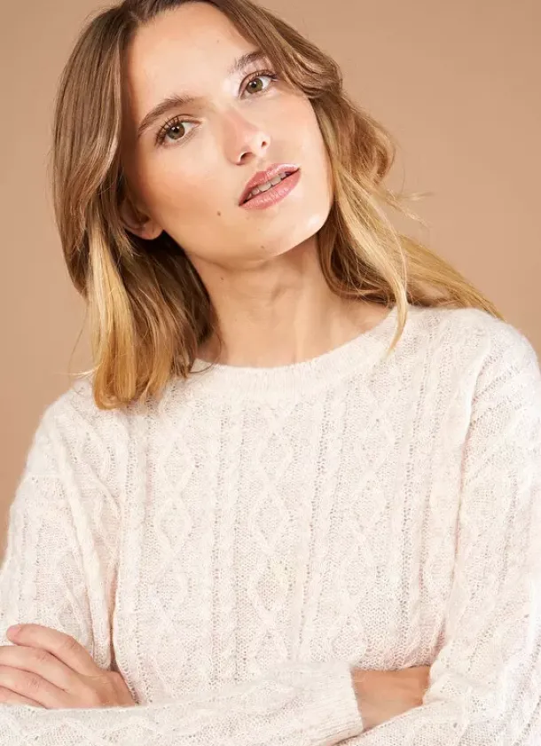 Sud Express Jumpers & Cardigans|Pull Col Rond Avec Jeu De Torsades Poudre Madil