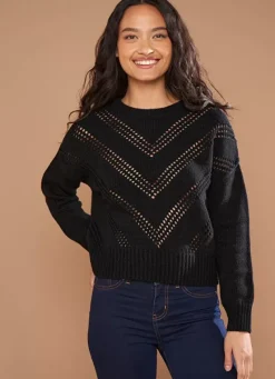 Sud Express Jumpers & Cardigans|Pull Col Rond Details Ajoures Noir Maribelle