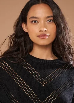 Sud Express Jumpers & Cardigans|Pull Col Rond Details Ajoures Noir Maribelle