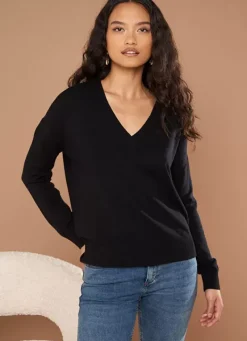 Sud Express Jumpers & Cardigans|Pull Col V A Maille Douce Noir Marseillan