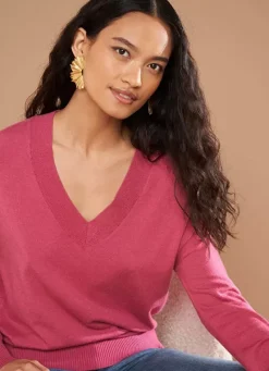 Sud Express Jumpers & Cardigans|Pull Col V A Maille Douce Vieux Rose Marseillan