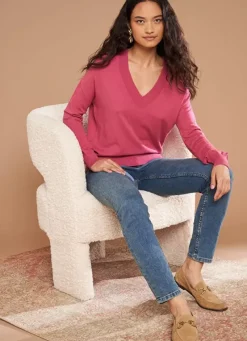 Sud Express Jumpers & Cardigans|Pull Col V A Maille Douce Vieux Rose Marseillan