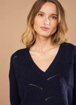 Sud Express Jumpers & Cardigans|Pull Col V Au Tricotage Ajoure Marine Matido
