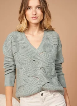Sud Express Jumpers & Cardigans|Pull Col V Au Tricotage Ajoure Amande Matido