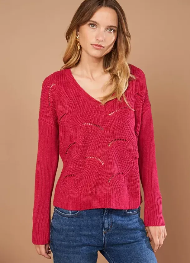 Sud Express Jumpers & Cardigans|Pull Col V Au Tricotage Ajoure Framboise Matido