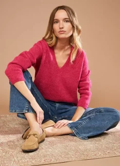 Sud Express Jumpers & Cardigans|Pull Col V En Mohair Framboise Mannakay
