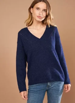 Sud Express Jumpers & Cardigans|Pull Col V En Mohair Marine Mannakay