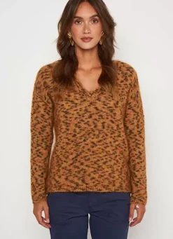 Sud Express Jumpers & Cardigans|Pull Col V, Fil Effet Animal Camel Madeline