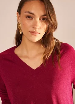Sud Express Jumpers & Cardigans|Pull Col V Irise Framboise Madeleine