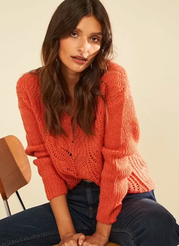 Sud Express Jumpers & Cardigans|Pull Encolure V Abricot Margot