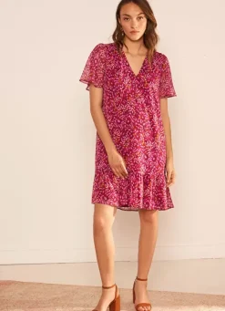 Sud Express Dresses & Overall|Robe Courte Imprimee, Encolure V Framboise Ralorie