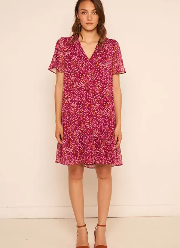 Sud Express Dresses & Overall|Robe Courte Imprimee, Encolure V Framboise Ralorie