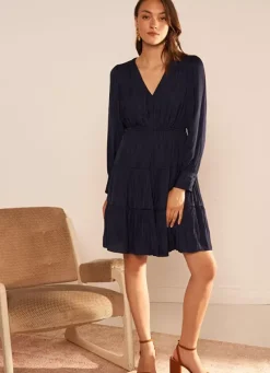Sud Express Dresses & Overall|Robe Courte Satin A Encolure V Marine Rascalou