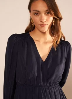 Sud Express Dresses & Overall|Robe Courte Satin A Encolure V Marine Rascalou