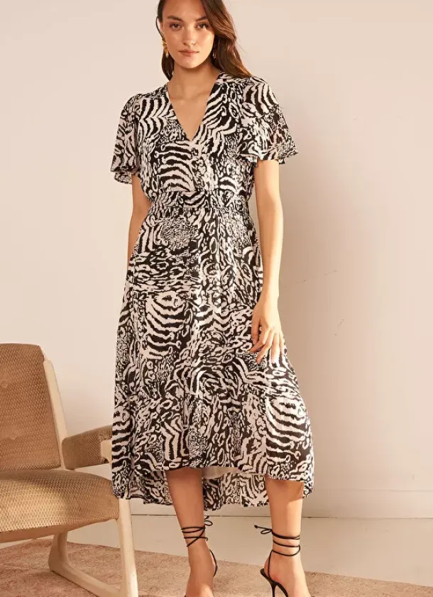 Sud Express Dresses & Overall|Robe Longue Imprimee A Manches Courtes Volantees Noir Resina