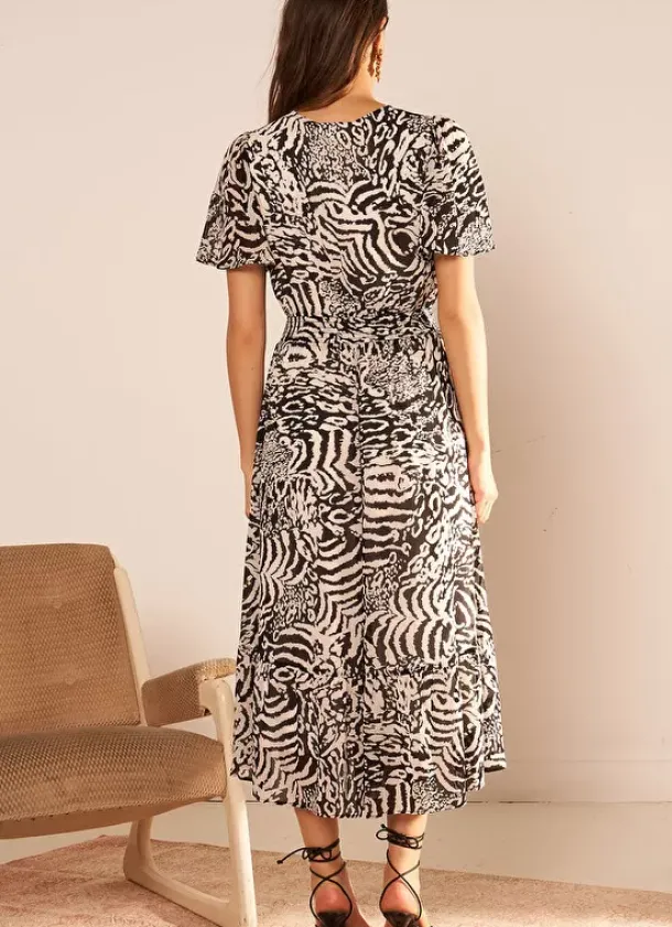 Sud Express Dresses & Overall|Robe Longue Imprimee A Manches Courtes Volantees Noir Resina