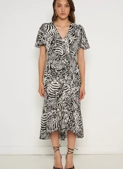 Sud Express Dresses & Overall|Robe Longue Imprimee A Manches Courtes Volantees Noir Resina
