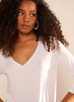 Sud Express T-Shirts|Tee-Shirt Col V Et Manches 3/4 Blanc Tonyla