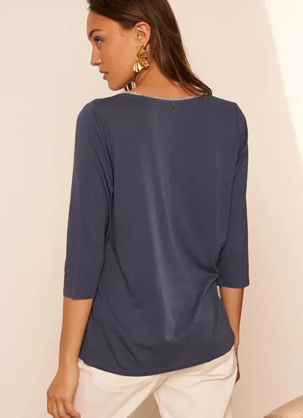 Sud Express T-Shirts|Tee-Shirt Col V Et Manches 3/4 Indigo Tonyla