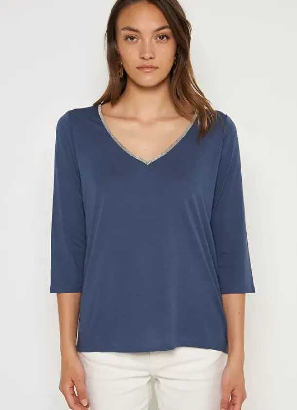 Sud Express T-Shirts|Tee-Shirt Col V Et Manches 3/4 Indigo Tonyla
