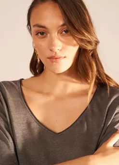 Sud Express T-Shirts|T-Shirt En Lin A Manches 3/4 Et Col V Plomb Tomeoh